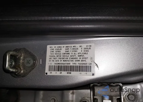 2006 Honda Accord 3.0 Ex z USA, uszkodzony, nr VIN 1HGCM665X6A072805